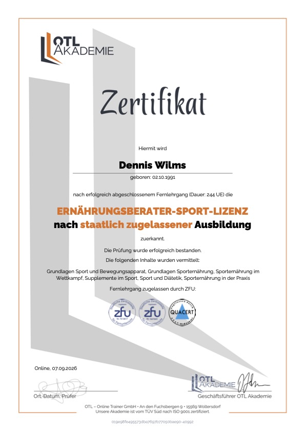 Zertifikat Ernährungsberater-Sport-Lizenz von Dennis Wilms