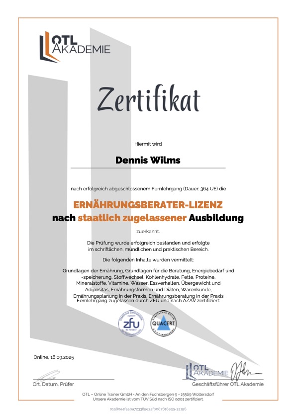 Zertifikat Ernährungsberater-Lizenz von Dennis Wilms